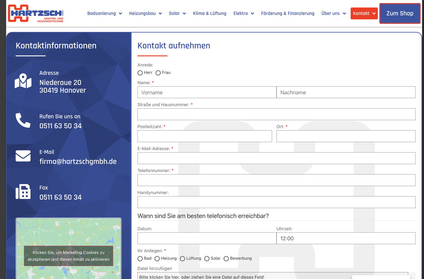 Ausschnitt 2 von 4 der Website von Hartzsch, Hannover