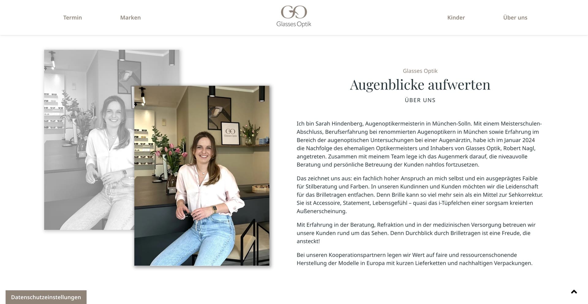 Ausschnitt 3 von 5 der Website von Glasses Optik, München
