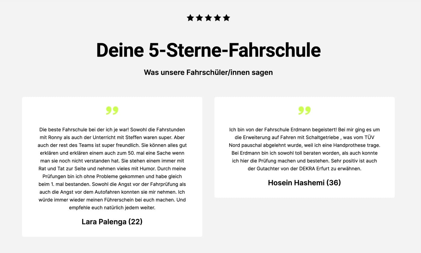 Ausschnitt 3 von 5 der Website von Fahrschule Erdmann, Erfurt