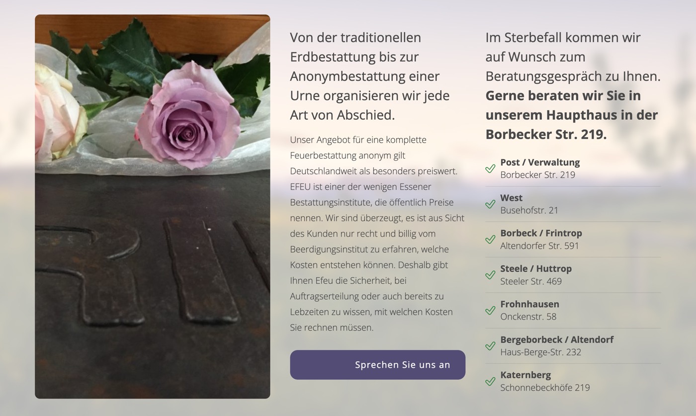 Ausschnitt 4 von 6 der Website von Bestattungen Efeu, Essen