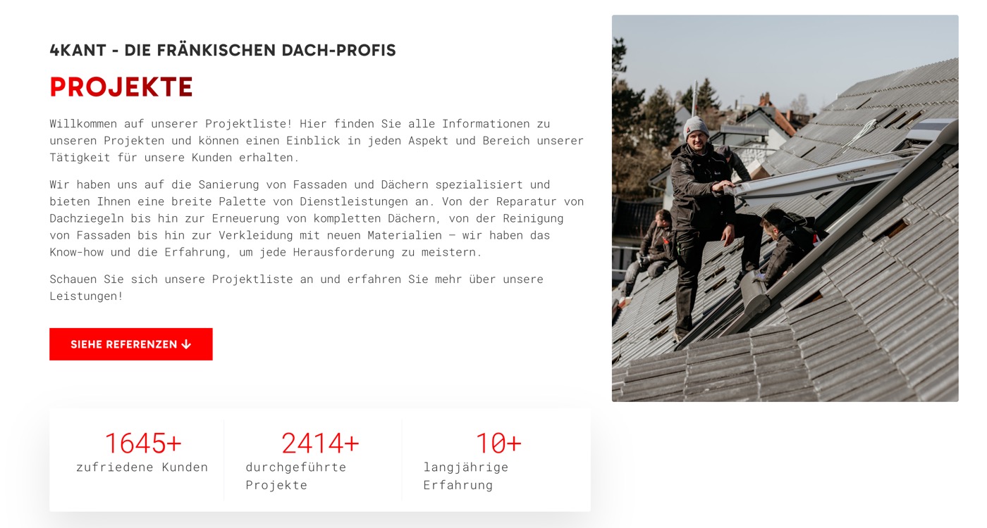 Ausschnitt 4 von 6 der Website von 4KANT Dachdecker, Nürnberg
