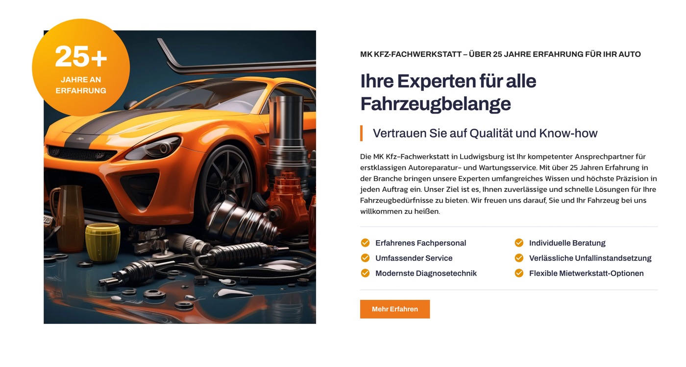 Ausschnitt 1 von 5 der Website von MK Kfz‑Werkstatt, Landkreis Ludwigsburg