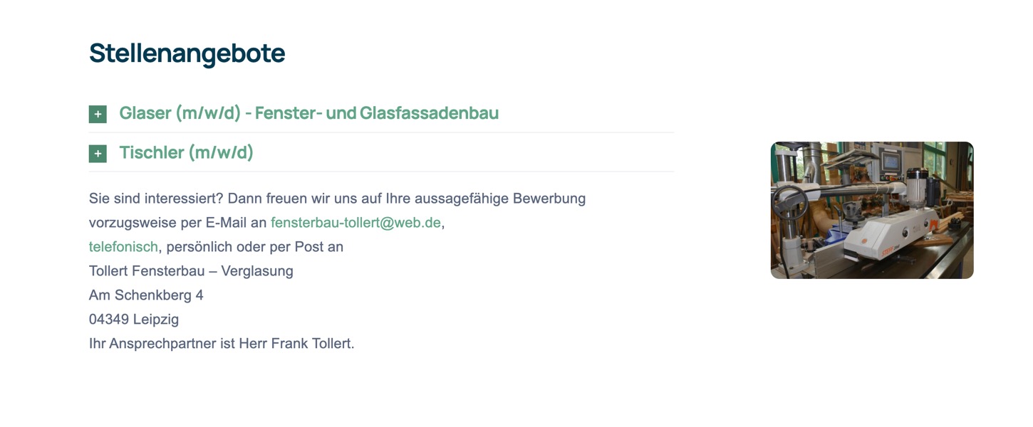 Ausschnitt 4 von 5 der Website von Fensterbau Tollert, Leipzig