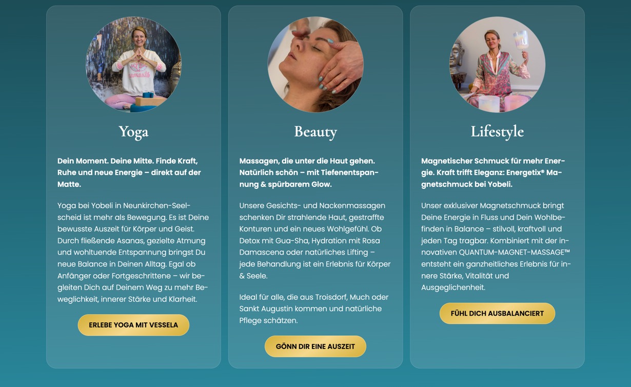 Ausschnitt 3 von 5 der Website von YOBELI Yoga Beauty Lifestyle, Rhein-Sieg-Kreis