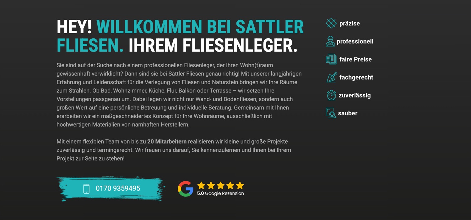 Ausschnitt 5 von 6 der Website von Sattler Fliesen, Landkreis Greiz