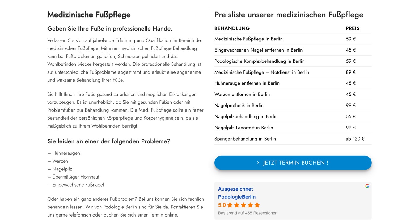 Ausschnitt 2 von 3 der Website von Podologie Berlin, Berlin
