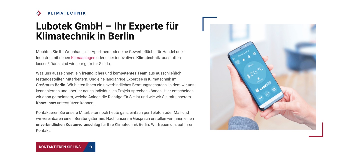 Ausschnitt 3 von 5 der Website von Lubotek Klima, Berlin