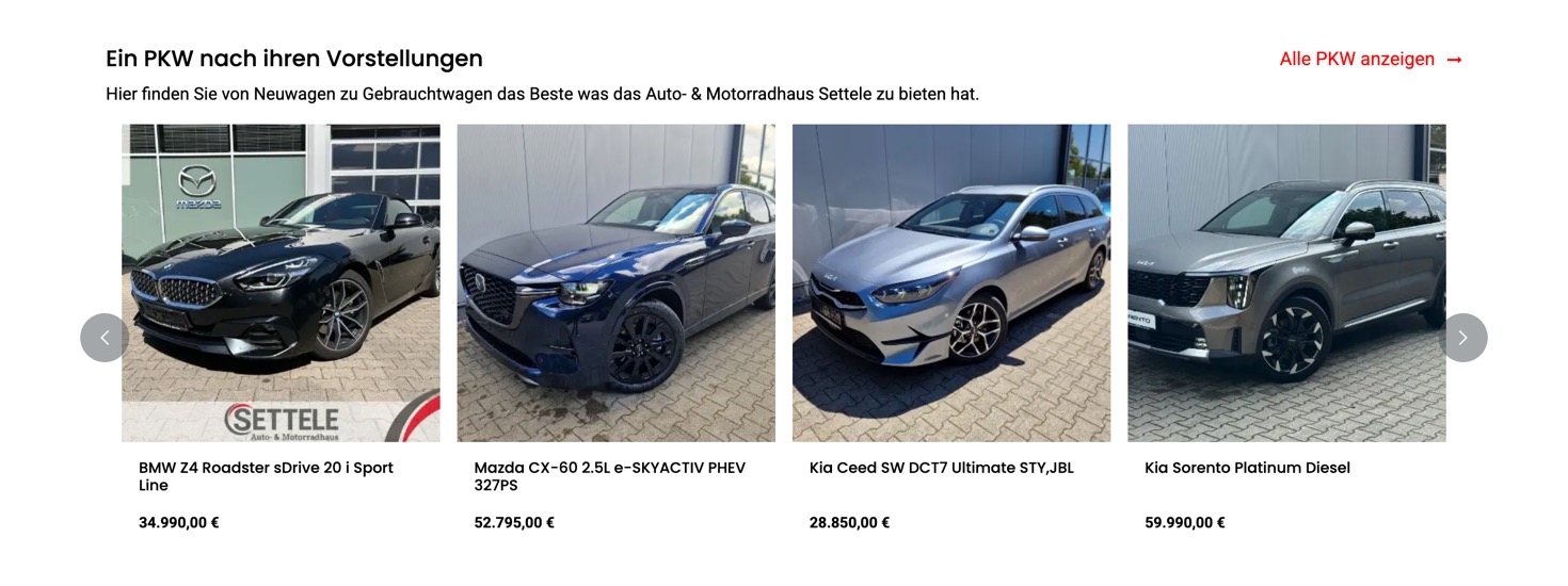 Ausschnitt 1 von 6 der Website von Settele Auto‑ & Motorradhaus, Landkreis Neu-Ulm