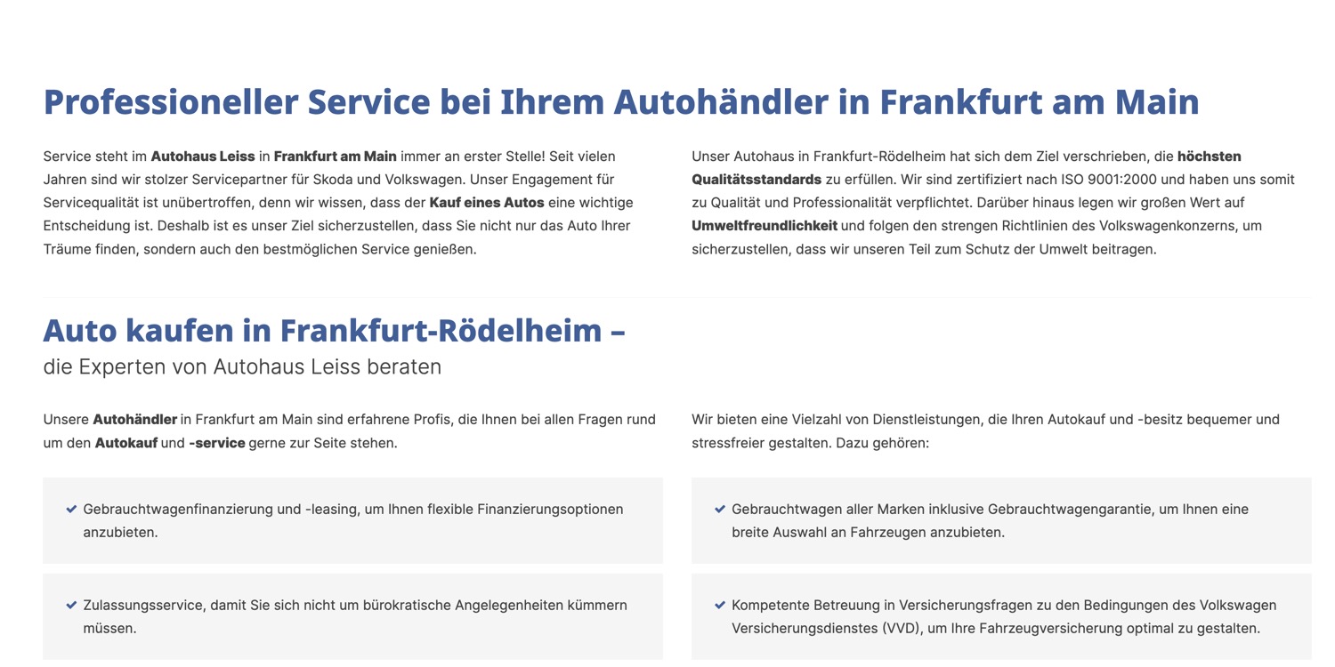 Ausschnitt 3 von 5 der Website von Autohaus Leiss Frankfurt, Frankfurt am Main
