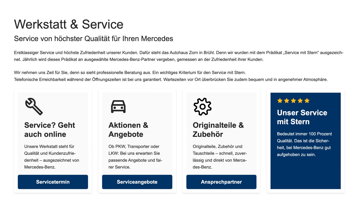 Ausschnitt 3 von 5 der Website von Autohaus Zorn, Rhein-Erft-Kreis