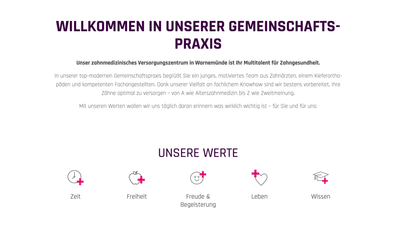 Ausschnitt 1 von 6 der Website von Zahnärzte Warnemünde, Rostock
