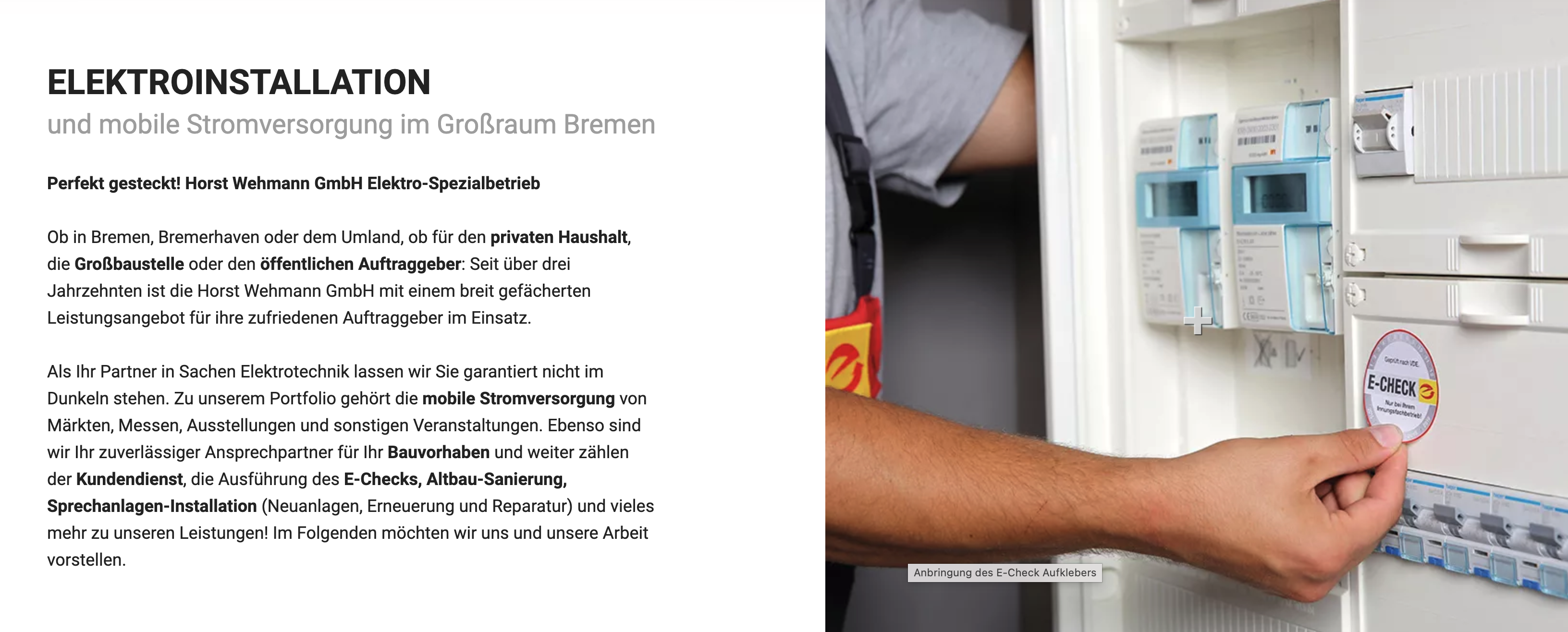 Ausschnitt 1 von 4 der Website von Horst Wehmann GmbH Elektro-Spezialbetrieb, Bremen