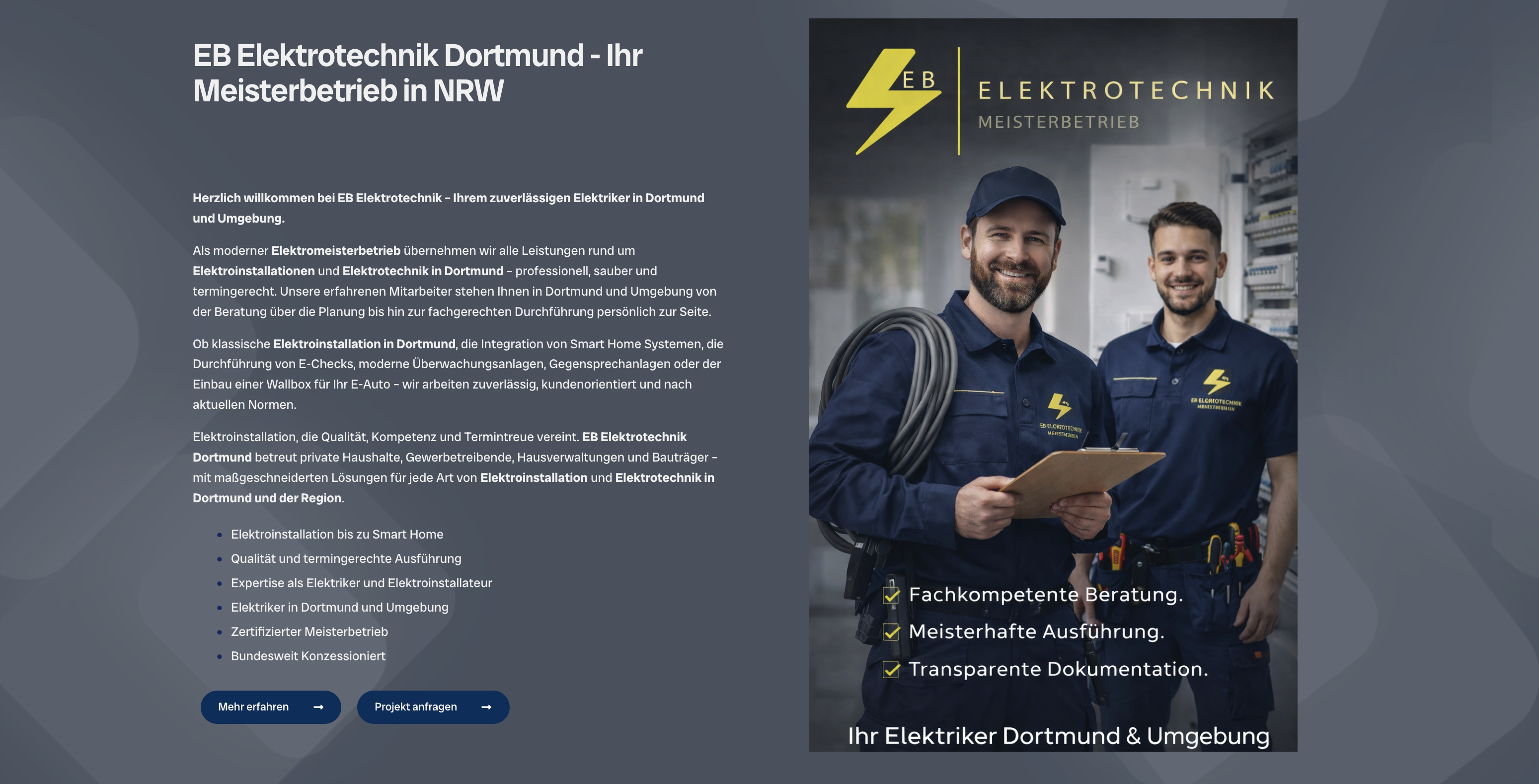 Ausschnitt 2 von 4 der Website von EB Elektrotechnik, Dortmund