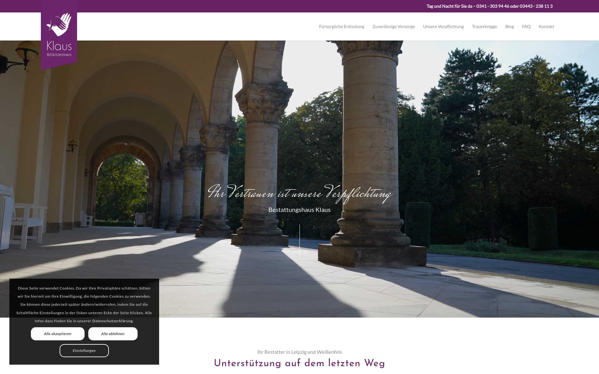 https://bestattungshaus-klaus.de/ Screenshot der Seite