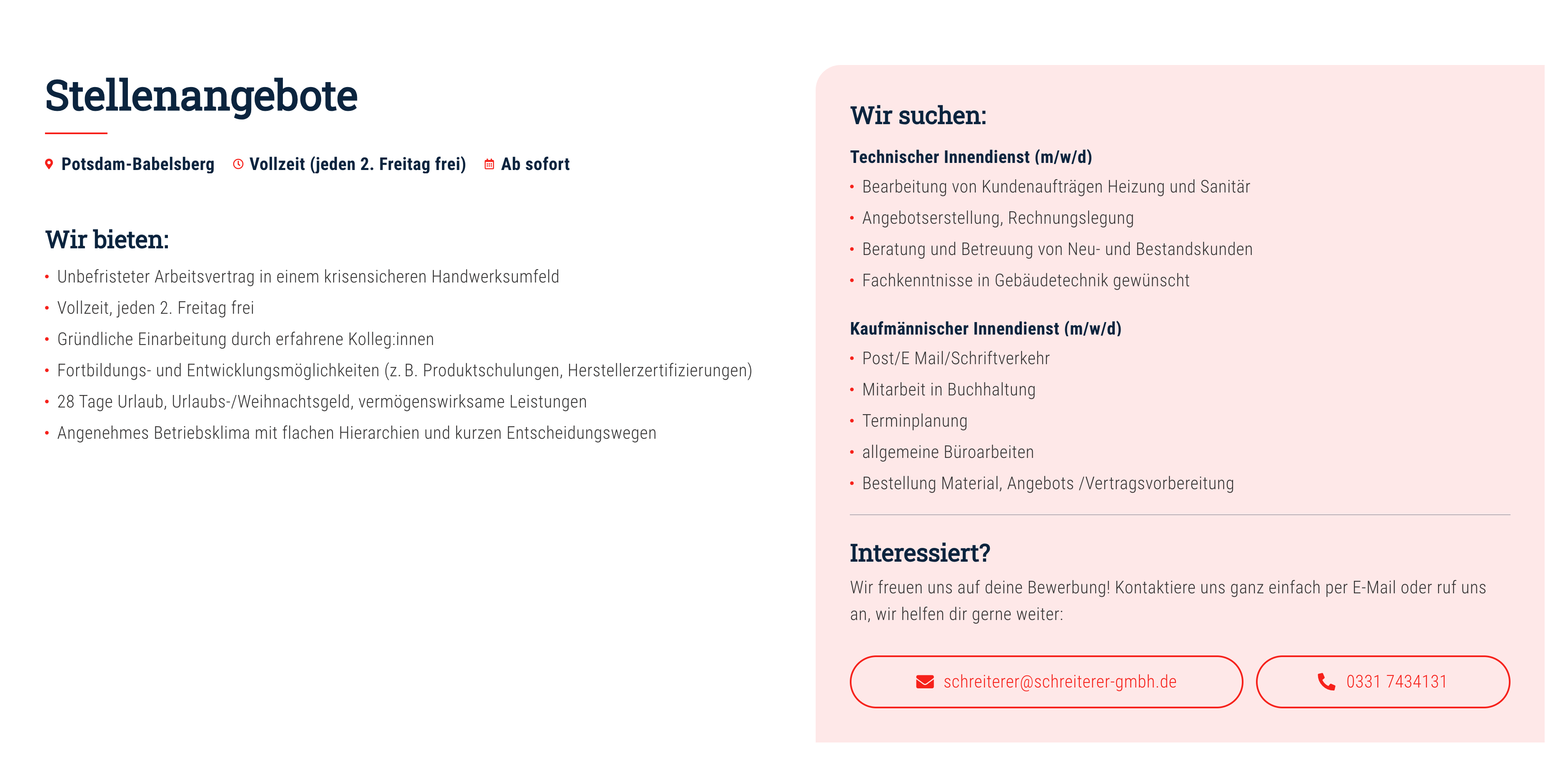 Ausschnitt 4 von 4 der Website von Schreiterer Heizungs-Service und Sanitär GmbH, Potsdam