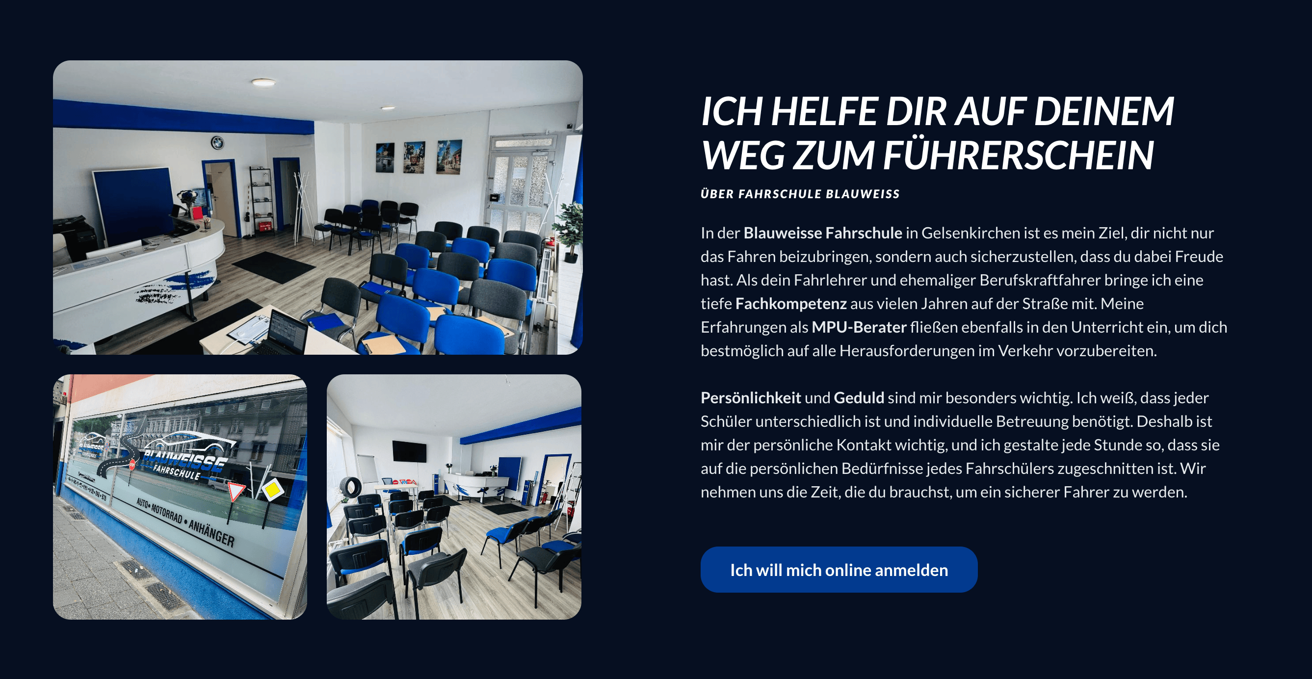 Ausschnitt 1 von 4 der Website von Blaue Weisse Fahrschule UG, Gelsenkirchen