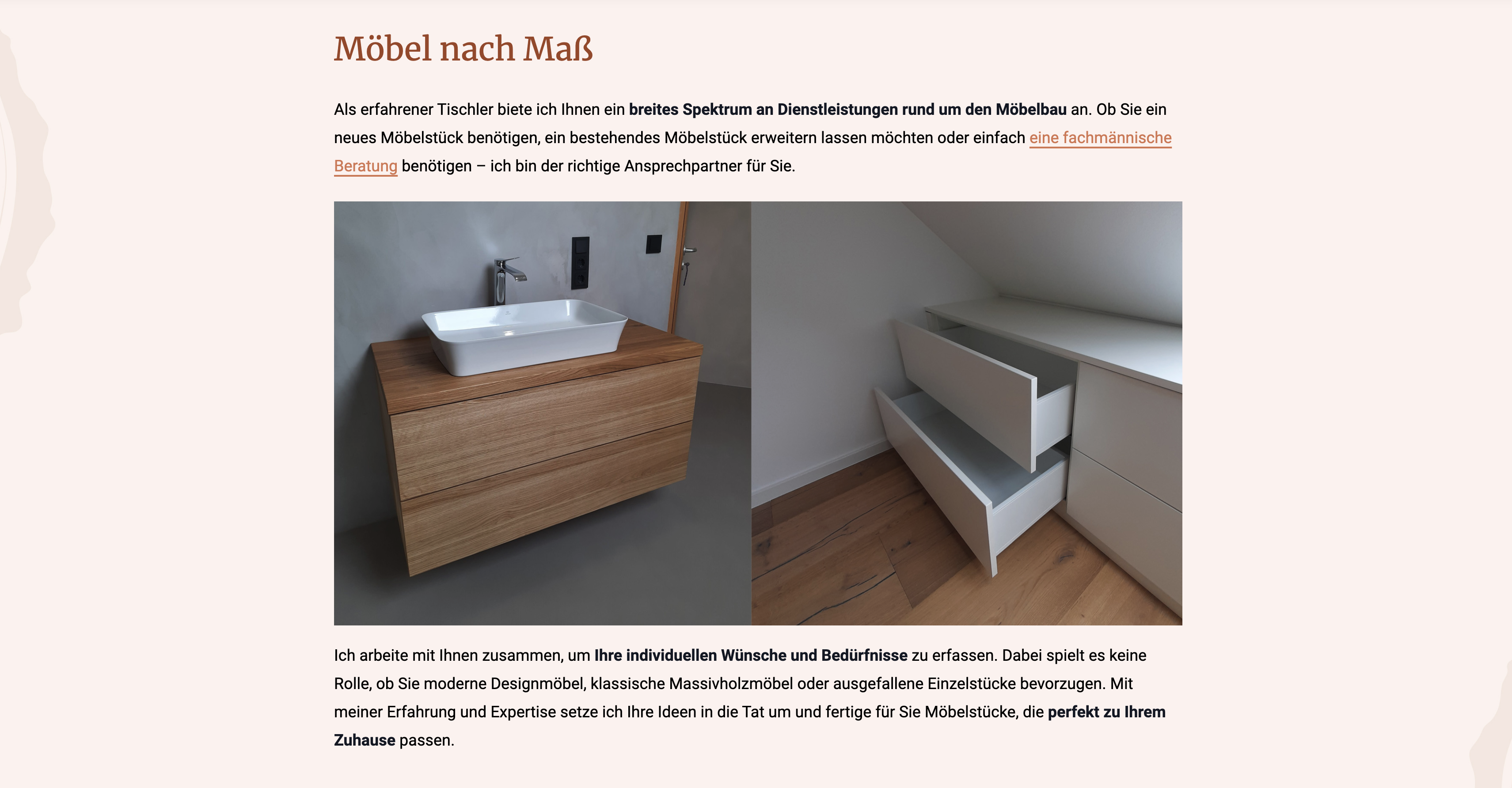 Ausschnitt 1 von 2 der Website von Tischlermeister Christian Kunz, Rhein-Sieg-Kreis