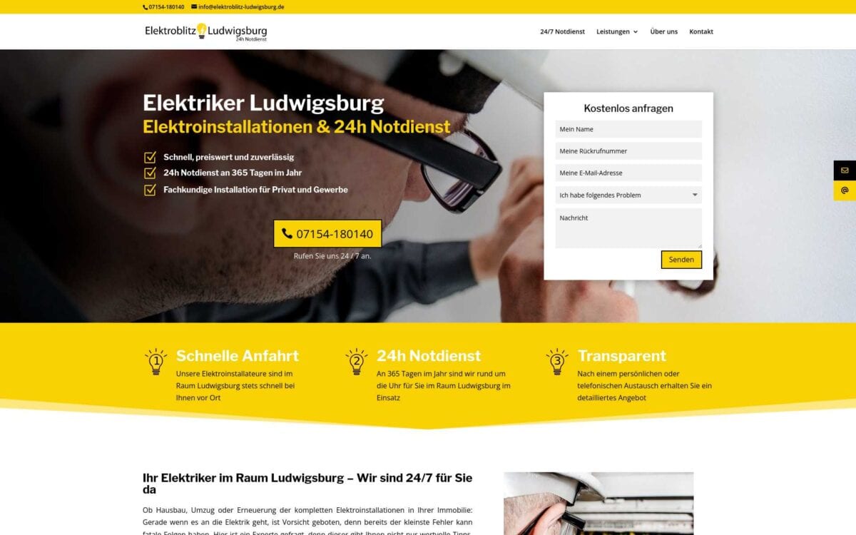 https://elektroblitz-ludwigsburg.de/ Screenshot der Seite
