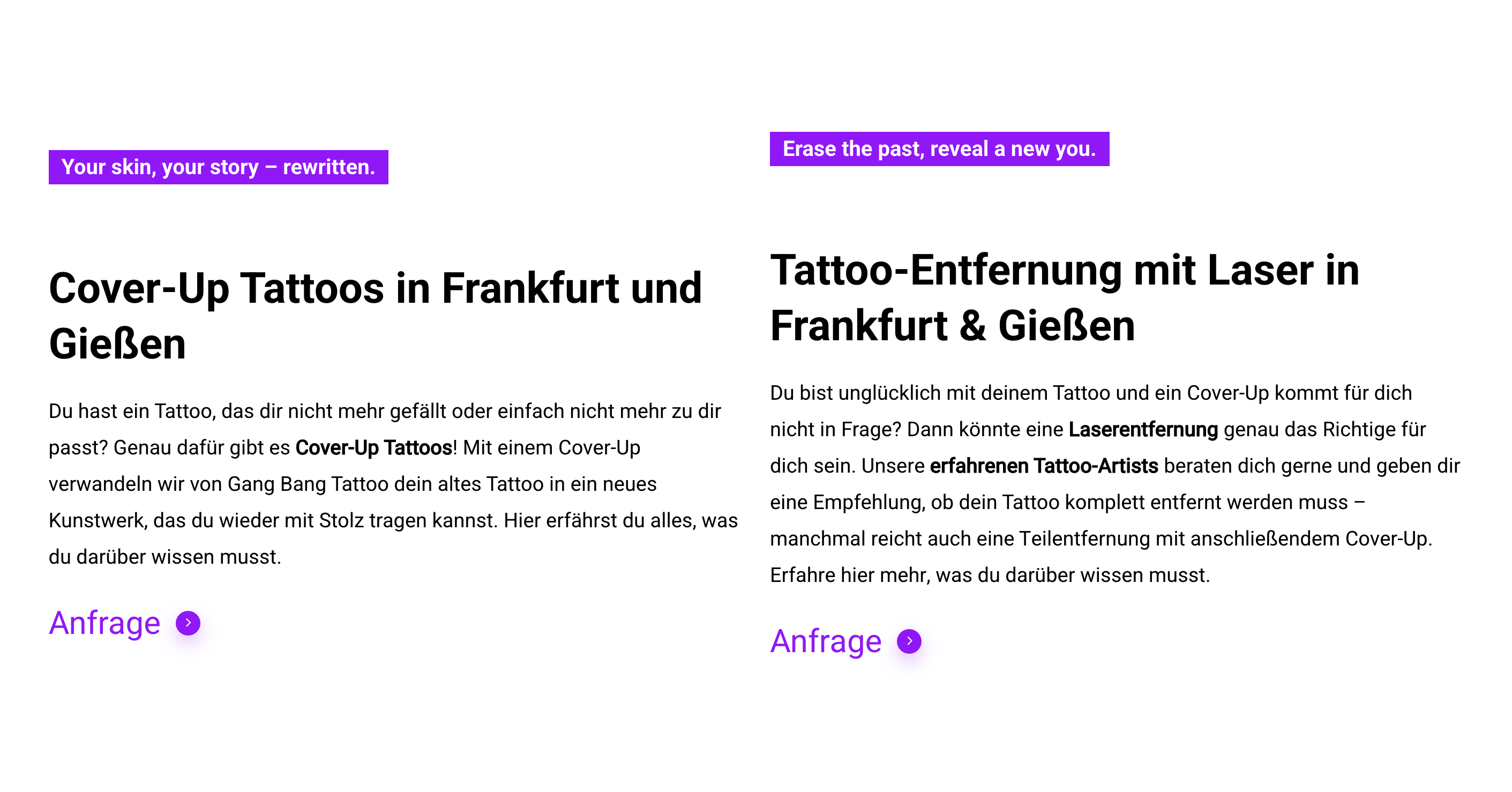 Ausschnitt 3 von 4 der Website von Gang INK GmbH, Frankfurt am Main