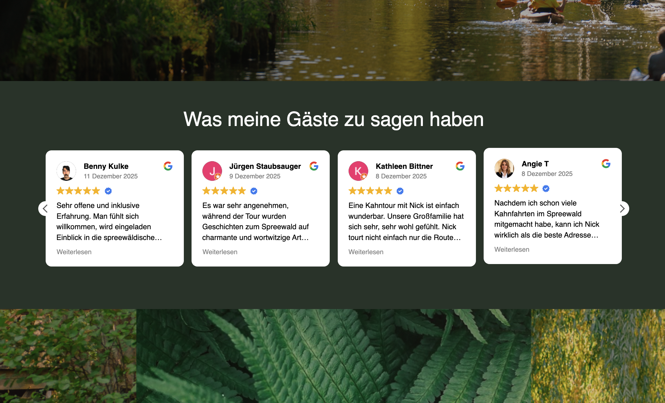 Ausschnitt 2 von 3 der Website von River and Roots, Nick Pospischil Kahnfahrten, Landkreis Oberspreewald-Lausitz