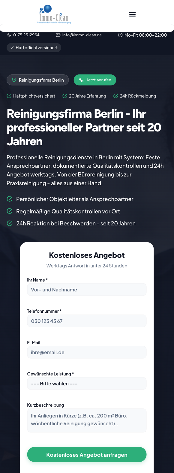 Das Bild zeigt einen Mobile Screenshot der vorgestellten Website
