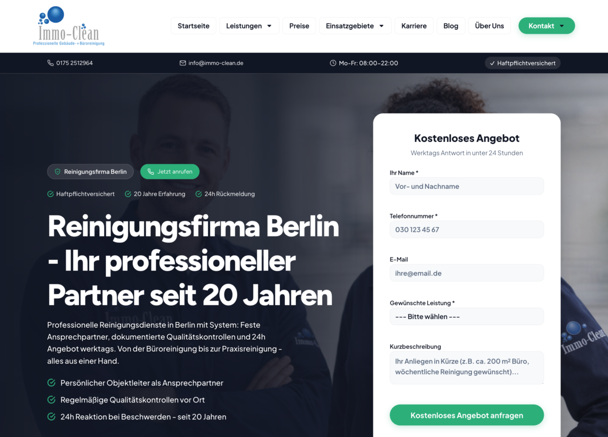 Das Bild zeigt einen Desktop Screenshot der vorgestellten Website