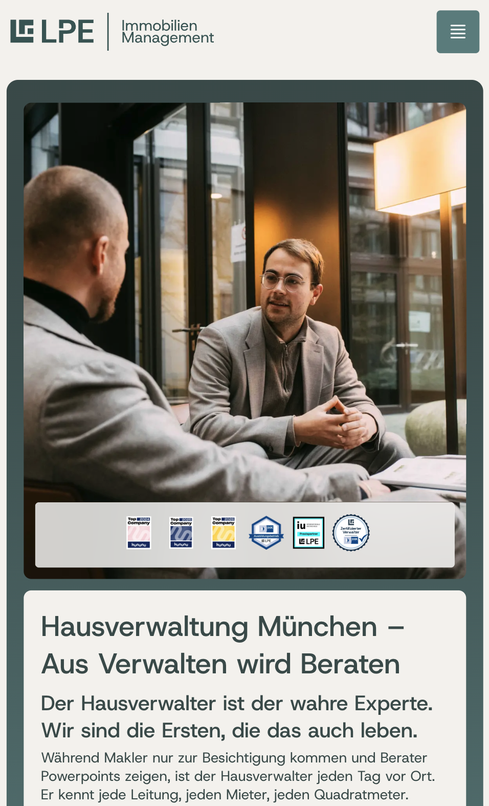Das Bild zeigt einen Mobile Screenshot der vorgestellten Website