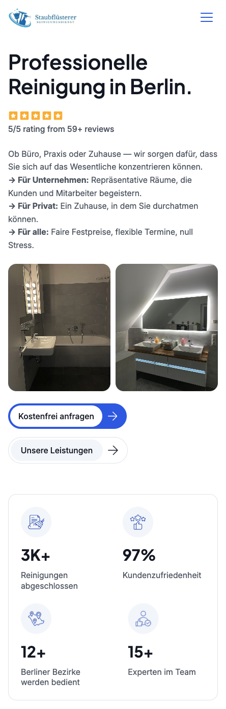 Das Bild zeigt einen Mobile Screenshot der vorgestellten Website