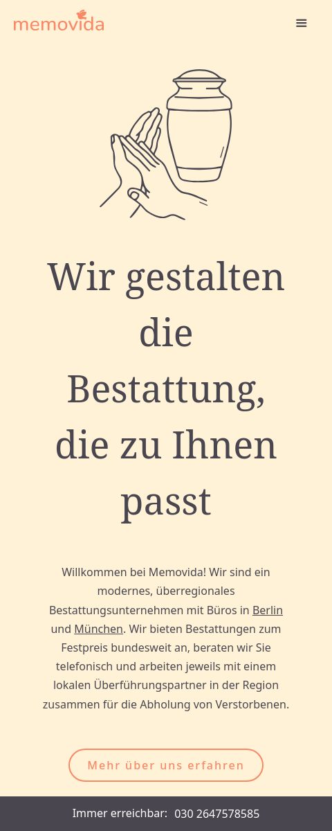 Das Bild zeigt einen Mobile Screenshot der vorgestellten Website