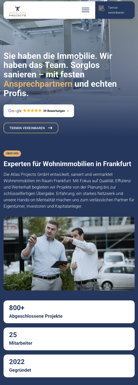 Das Bild zeigt einen Mobile Screenshot der vorgestellten Website