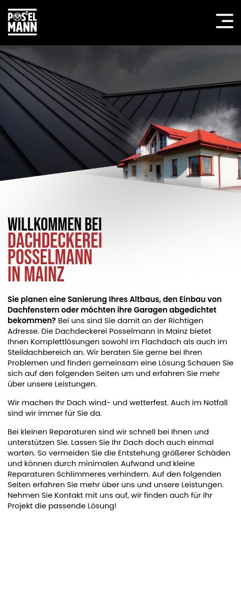 Website von Dachdeckergeschäft Posselmann, Mainz in der Mobilansicht