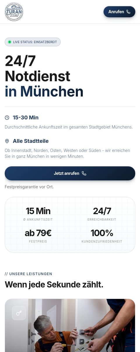 Website von Schlüsseldienst Turan, München in der Mobilansicht