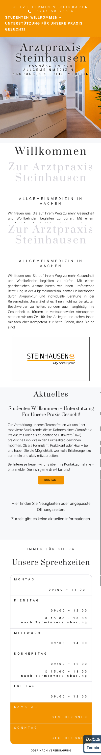 Website von Arztpraxis Steinhausen, Aachen in der Mobilansicht