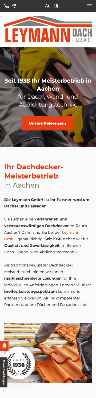 Website von Leymann GmbH, Aachen in der Mobilansicht