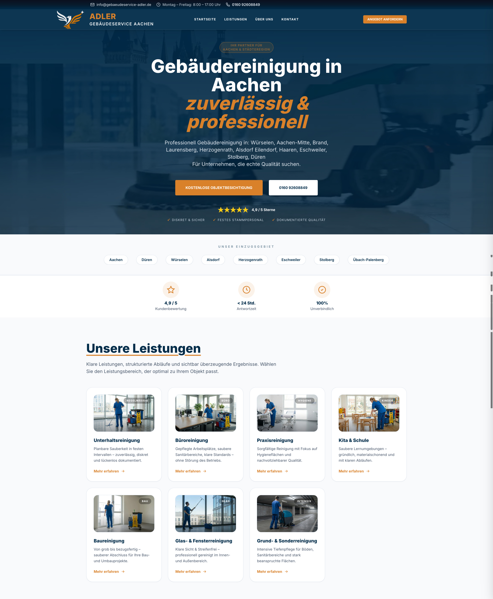 Website von Adler Gebäudeservice Aachen, Städteregion Aachen in der Desktop-Ansicht