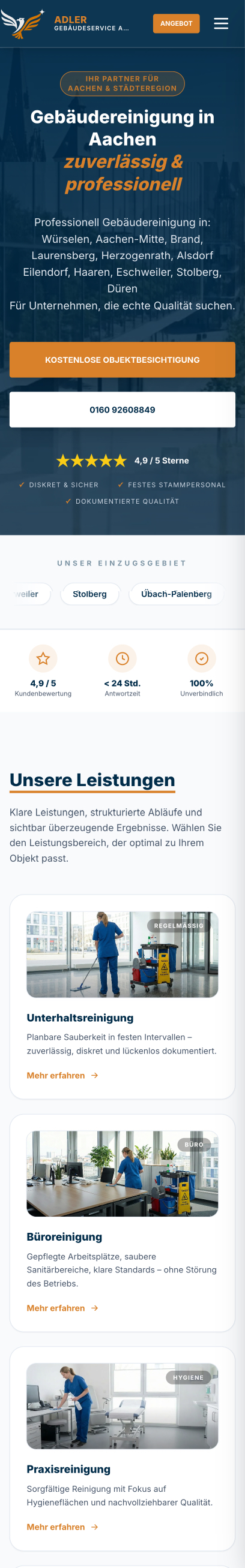 Website von Adler Gebäudeservice Aachen, Städteregion Aachen in der Mobilansicht