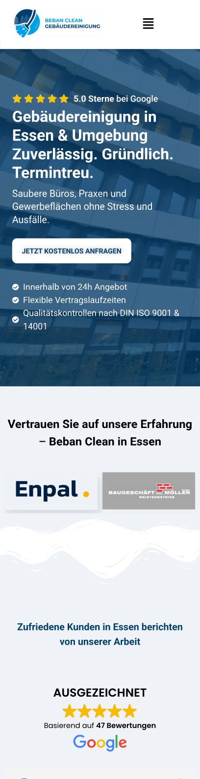 Website von Beban-clean, Essen in der Mobilansicht