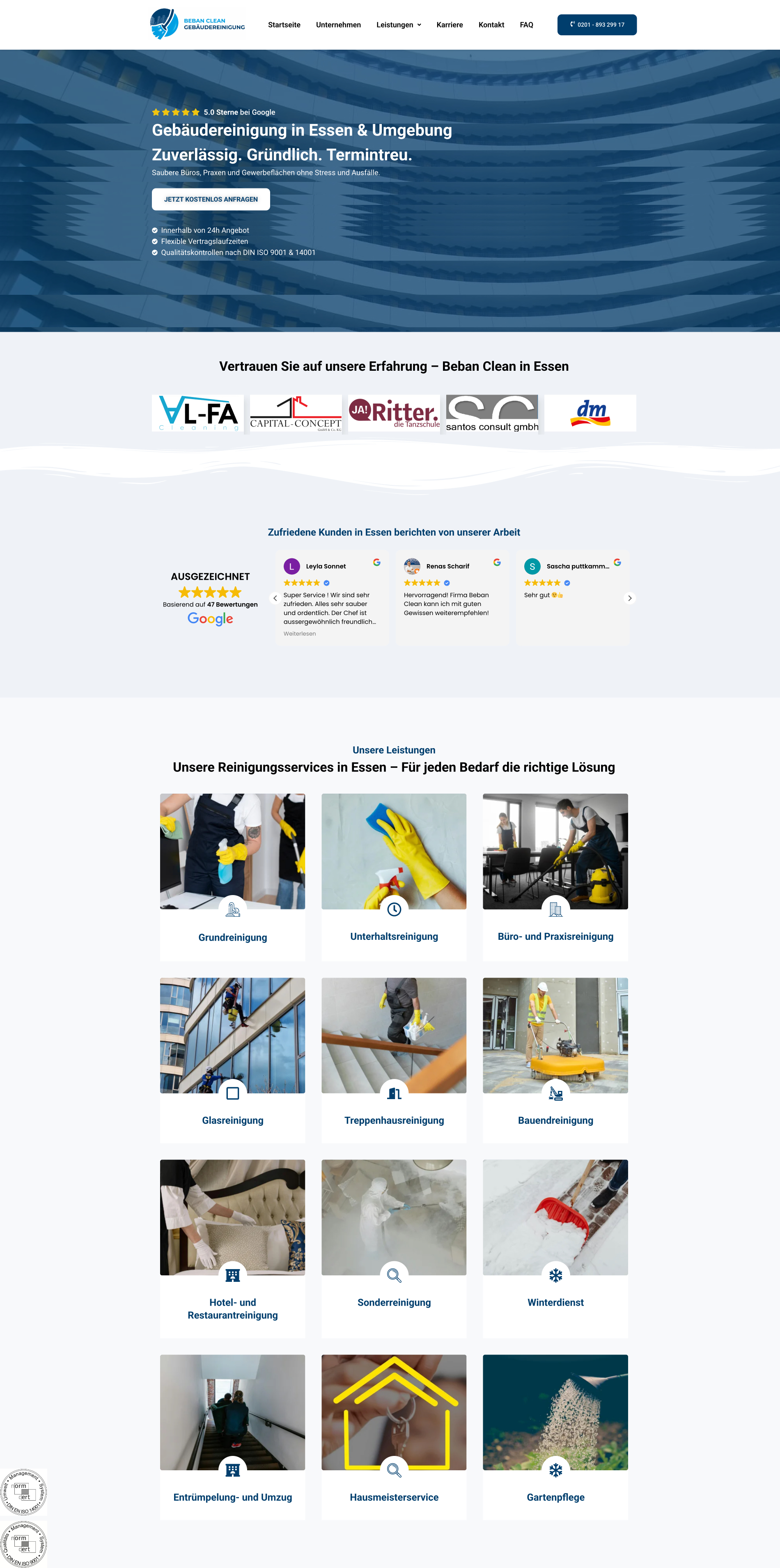 Website von Beban-clean, Essen in der Desktop-Ansicht