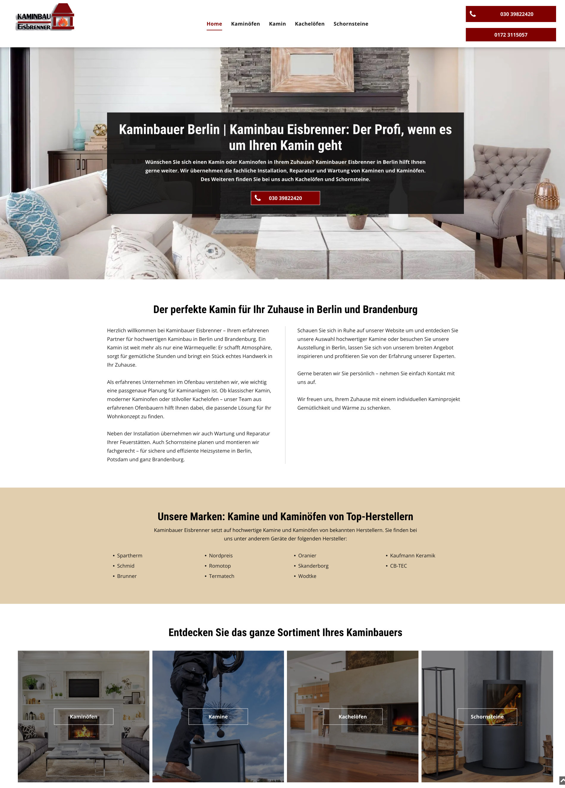 Website von Kaminbau Eisbrenner, Berlin in der Desktop-Ansicht