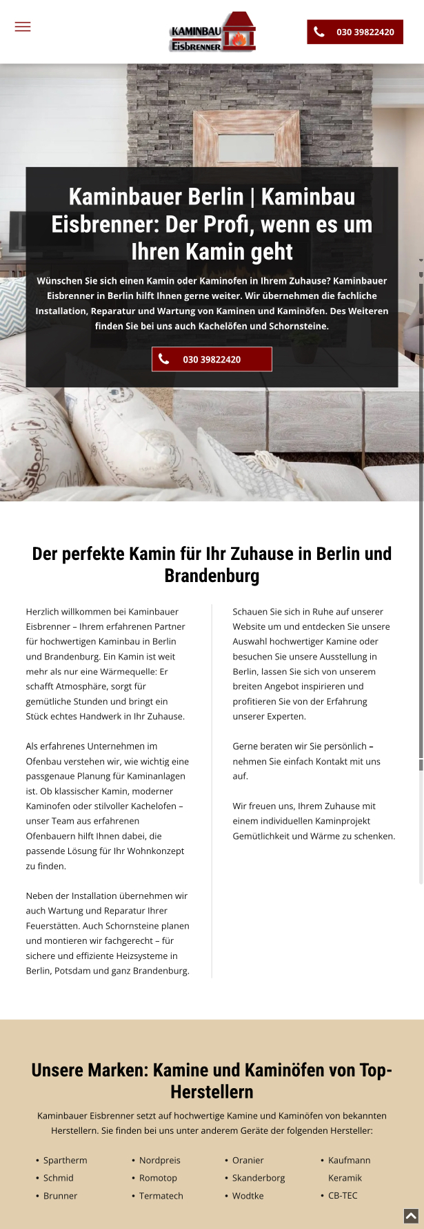Website von Kaminbau Eisbrenner, Berlin in der Mobilansicht