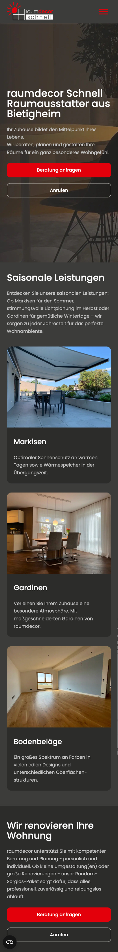 Website von raumdecor Schnell, Landkreis Ludwigsburg in der Mobilansicht