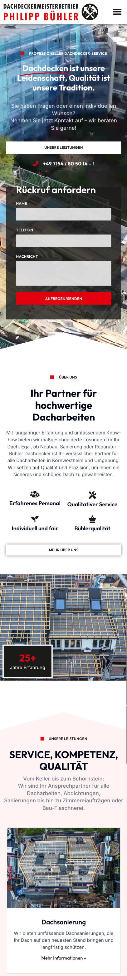 Website von Dachdeckermeisterbetrieb Philipp Bühler, Landkreis Ludwigsburg in der Mobilansicht