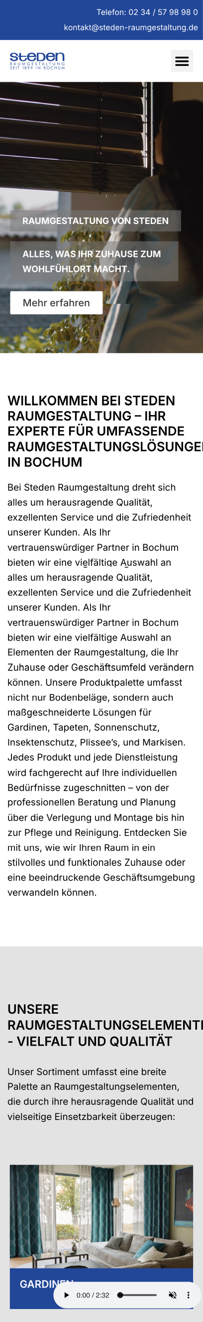 Website von Steden Raumgestaltung, Bochum in der Mobilansicht