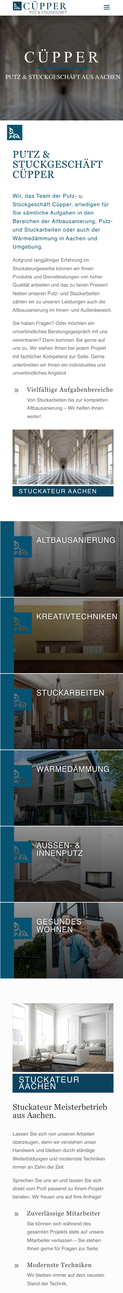 Website von Putz- u. Stuckateur Cüpper, Aachen in der Mobilansicht