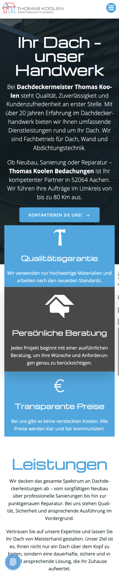 Website von Thomas Koolen Bedachungen, Aachen in der Mobilansicht