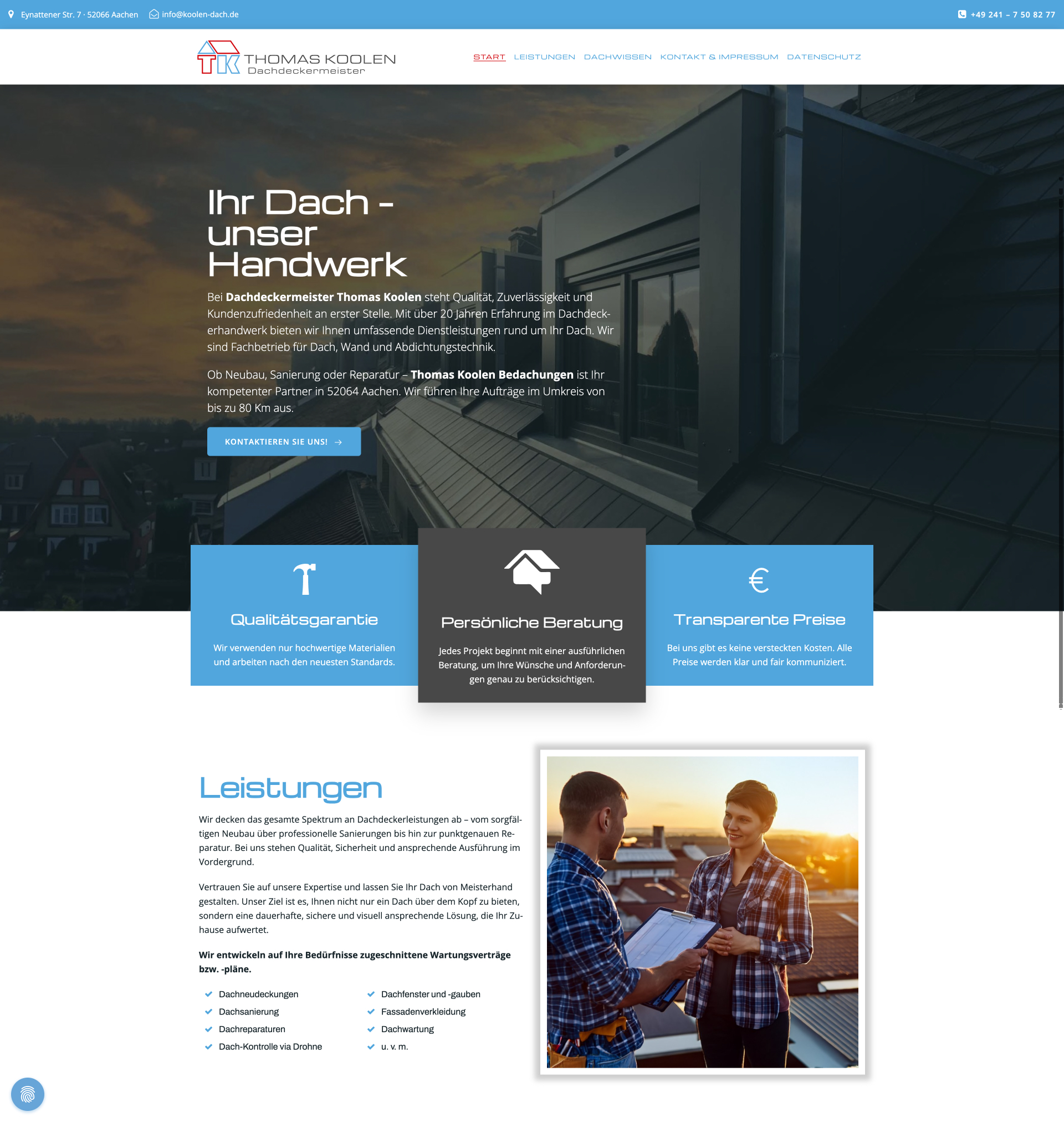 Website von Thomas Koolen Bedachungen, Aachen in der Desktop-Ansicht