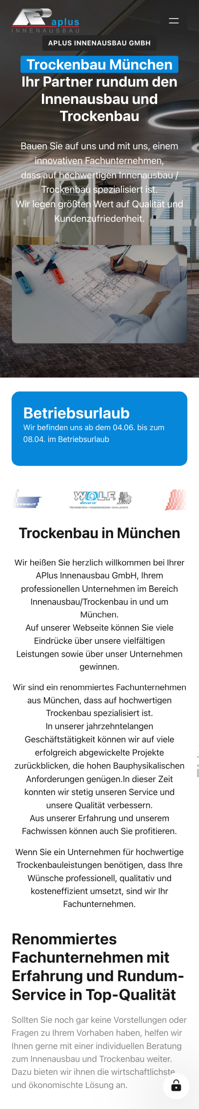 Website von APlus Innenausbau, München in der Mobilansicht