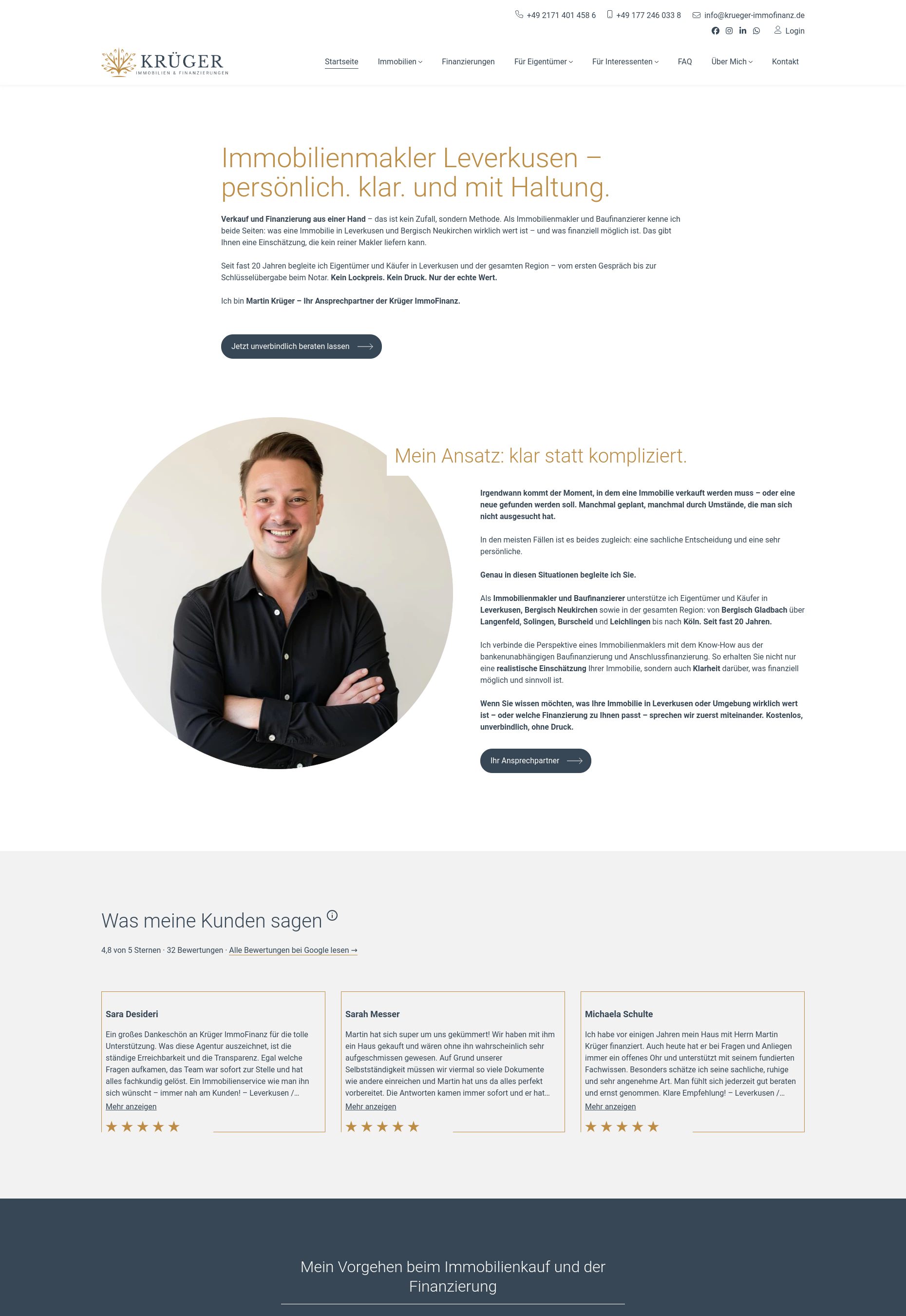 Website von Krüger ImmoFinanz, Leverkusen in der Desktop-Ansicht