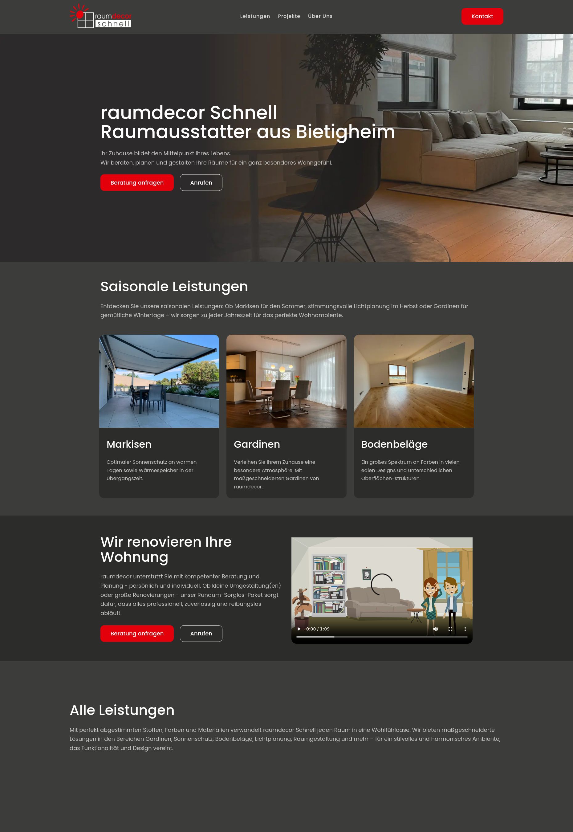 Website von raumdecor Schnell, Landkreis Ludwigsburg in der Desktop-Ansicht