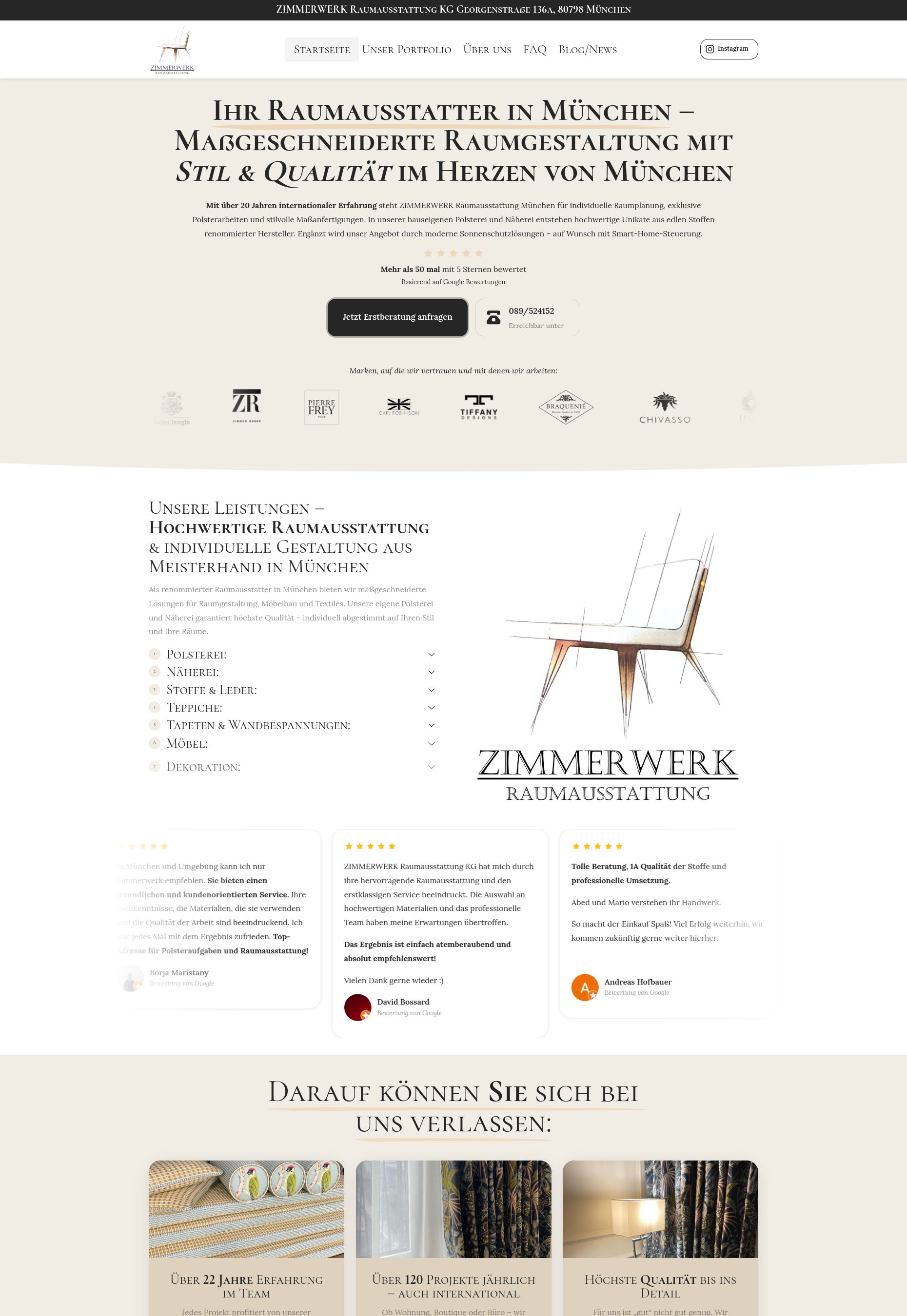 Website von ZIMMERWERK Raumausstattung, München in der Desktop-Ansicht